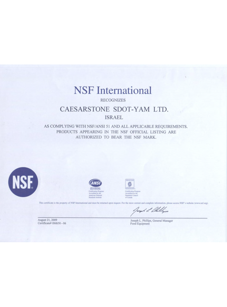 Caesarstone. Сертификат на международната организация NSF International